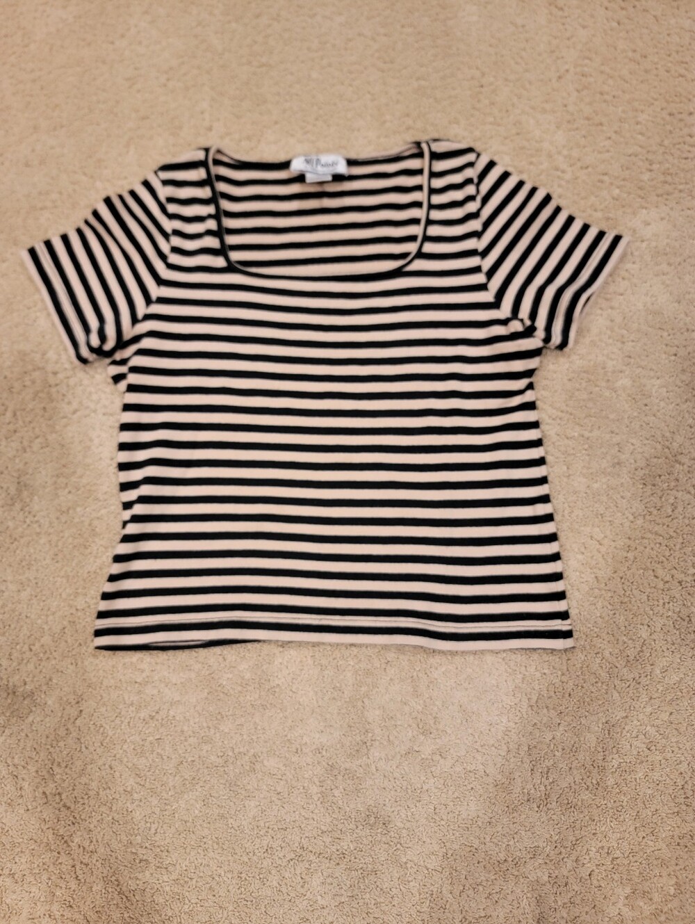 Vintage All Points Striped Square-Neck Short Sleeve Top in Black and Cream